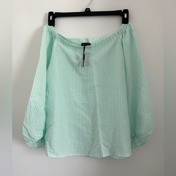 New Massimo Dutti Green Striped Linen Cotton Off Shoulder Top Sz 10 - Picture 1 of 6